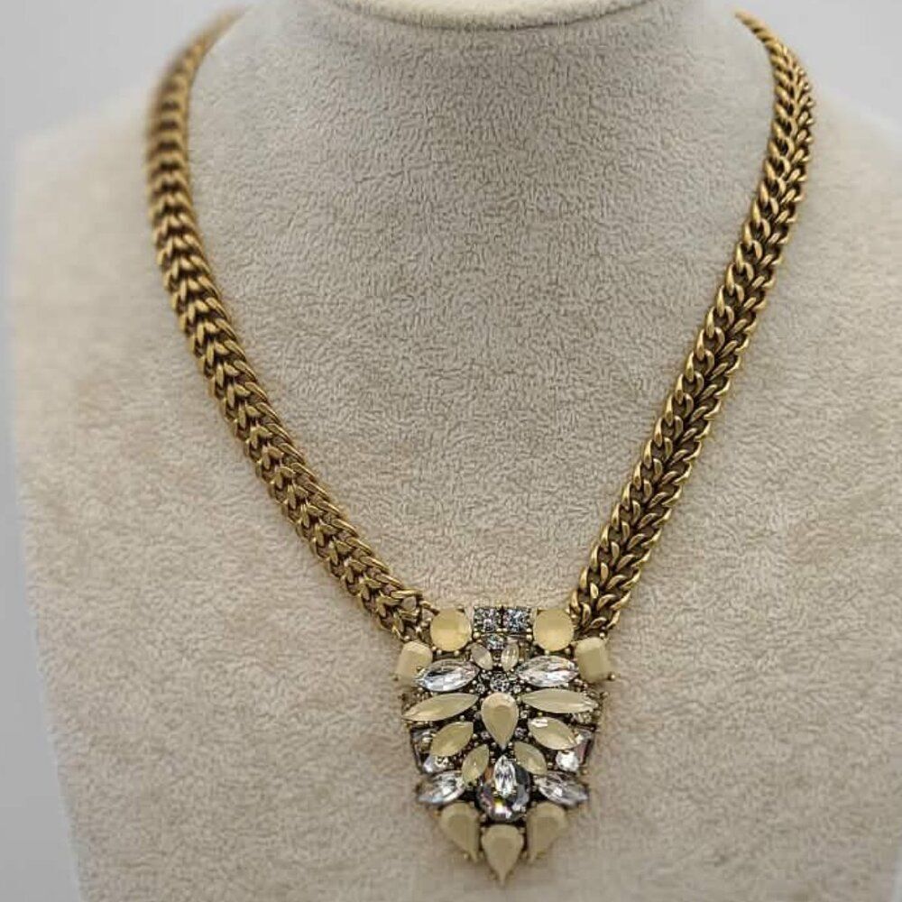 J Crew Vintage Large Gold Tone Necklace with Crystal Cluster